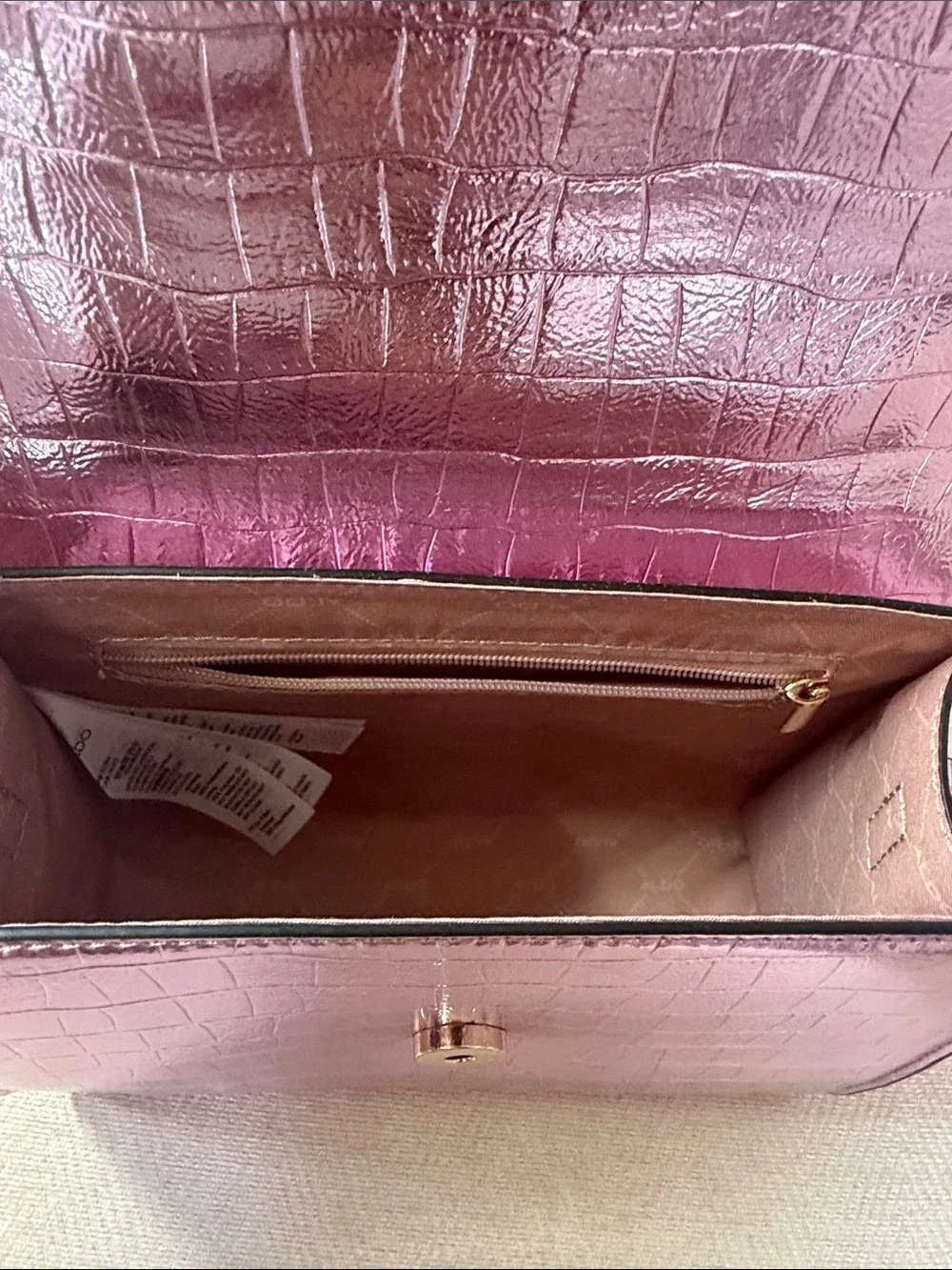 Source Unknown Metallic Pink Croc-Embossed Top Handle Satchel with Gold Chain
